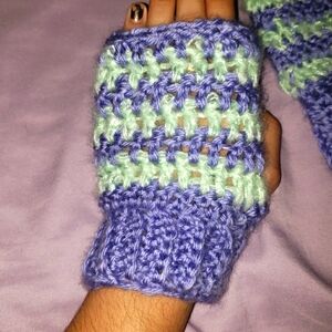Handmade Crochet Striped Fingerless Gloves in Purple and Green with Sequins
